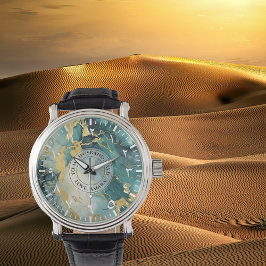 Herrklocka Teal Guld Marmor-Look – Svart Läder Armbandsur