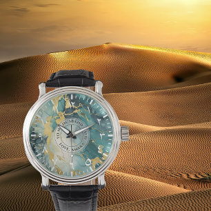 Herrklocka Teal Guld Marmor-Look – Svart Läder Armbandsur