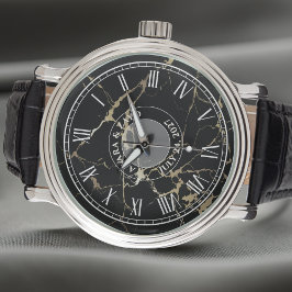 Herrurklocka i svart konstmarbelfärgad - läderrem  armbandsur