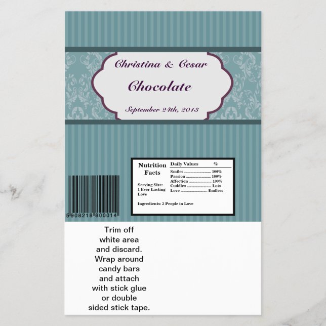 Hersheys stora Pub Wrapper Teal Blue Damask/Strip Flygblad (Framsidan)