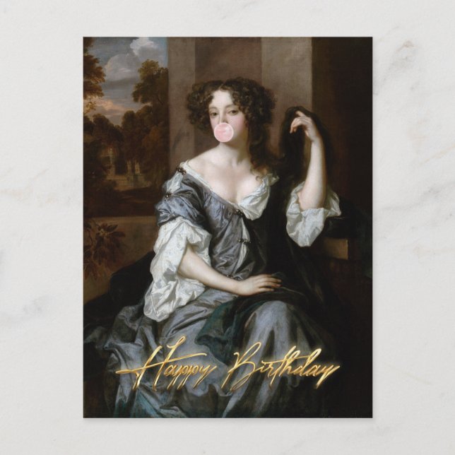 Hertiginna blåser en rosa tuggummibubbla Grattis p Vykort (Framsida)