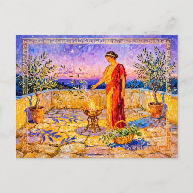 Hestia Lighting a Sacred Fire on Terrace with Oliv Vykort (Framsida)