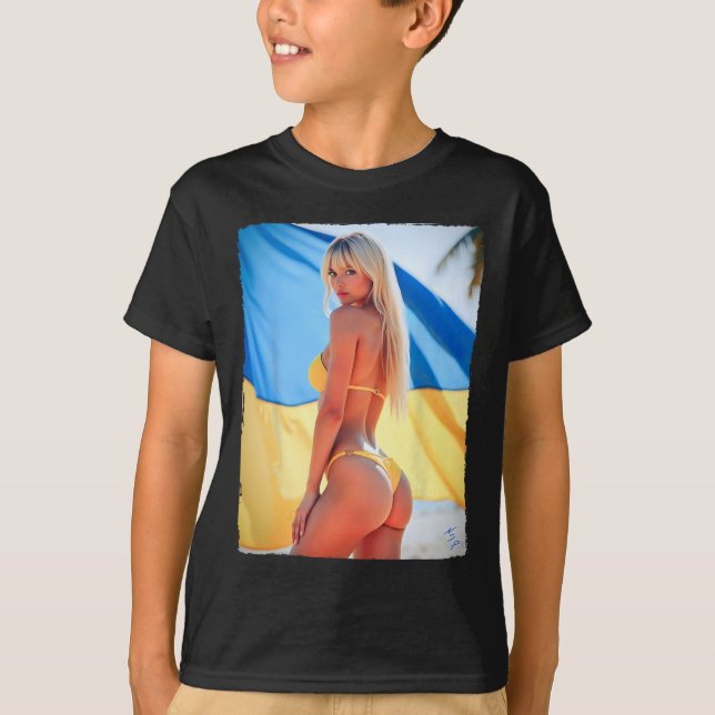 Het Bybe - Vacker tjej i bikini med ukrainska flag T Shirt (Framsida)