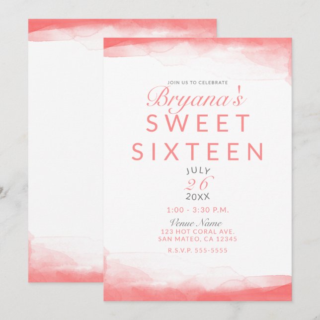 Het Korall Klart Vattenfärg Modern Chic Söt 16 Inbjudningar (Fram/baksida)