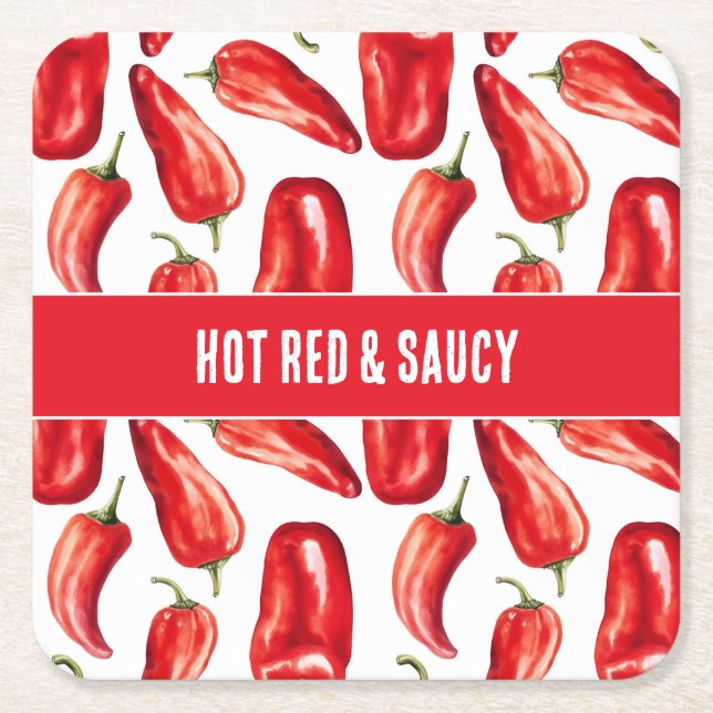 Het Röda & Salsa Chili Peppers Bröllop Underlägg Papper Kvadrat (Framsidan)