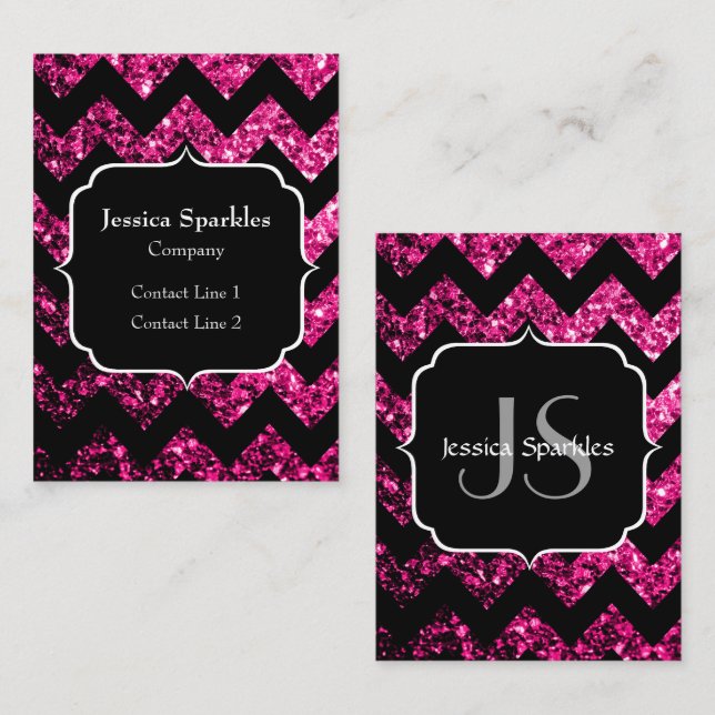 Het rosa glitter gnistrar svart Chevron Monogram Visitkort (Fram/baksida)