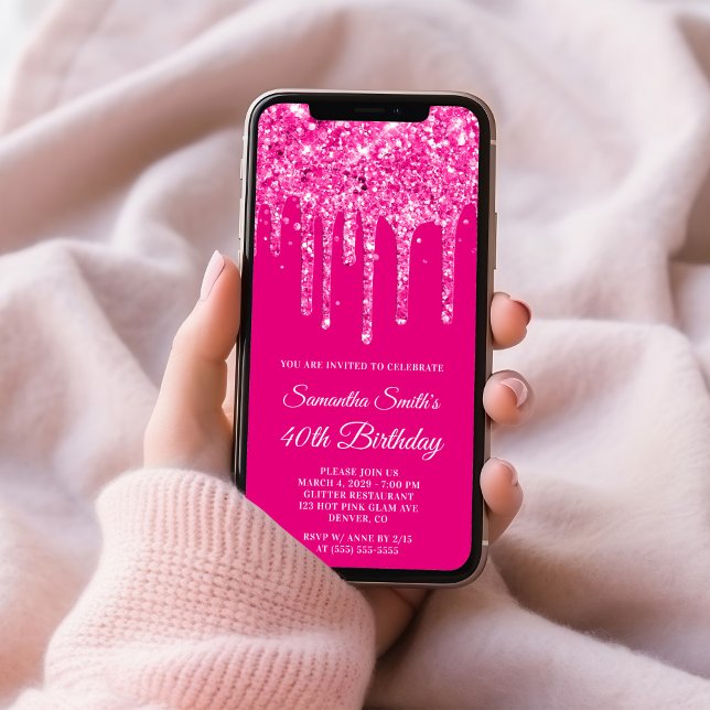 Het rosa glitter som dropppar 40-årsfirande inbjudningar (Hot Pink Dripping Glitter 40th Birthday Invitation)