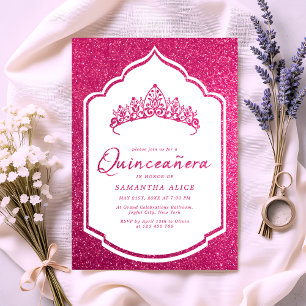 Het rosa glitterkrona Miss Quince Quinceanera Inbjudningar