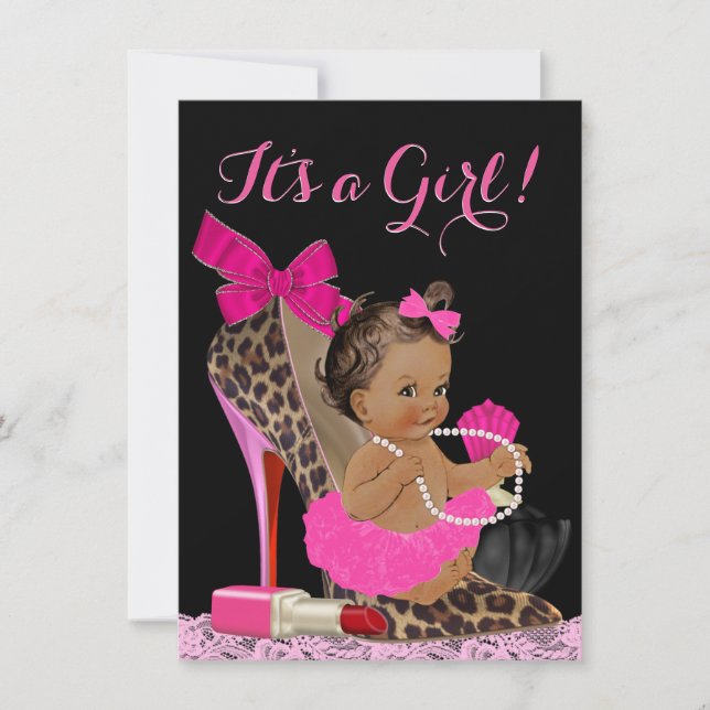 Het rosa leopard högklackad babysko etniskt babyfi inbjudningar (Framsida)