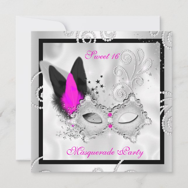 Het rosa maskerad Sweet 16-partymask silver 2 Inbjudningar (Framsida)