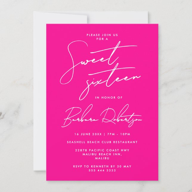 Het rosa minimalistisk skript Chic Sweet Sixteen Inbjudningar (Framsida)