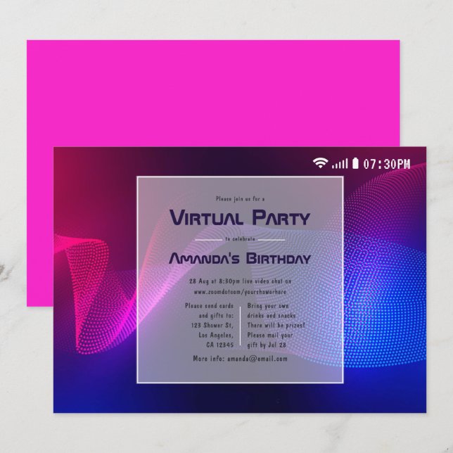 Het=Rosa och Blå Virtuell Glöd Födelsedagsfest Inbjudningar (Fram/baksida)