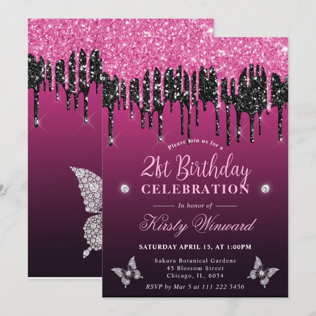 Het rosa och svart droppande glitter 21-årsdag inbjudningar (Fram/baksida)