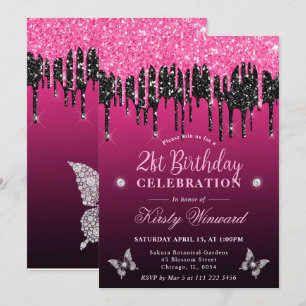 Het rosa och svart droppande glitter 21-årsdag inbjudningar