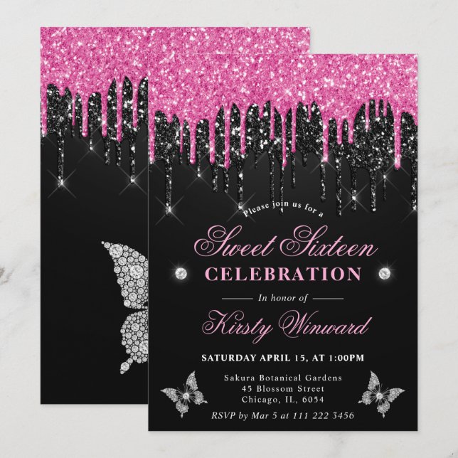 Het rosa och svart droppande glitter Sweet 16 Inbjudningar (Fram/baksida)