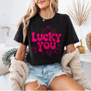 Het rosa y2k Körsbär och Tärningar Trendigt Lucky T Shirt