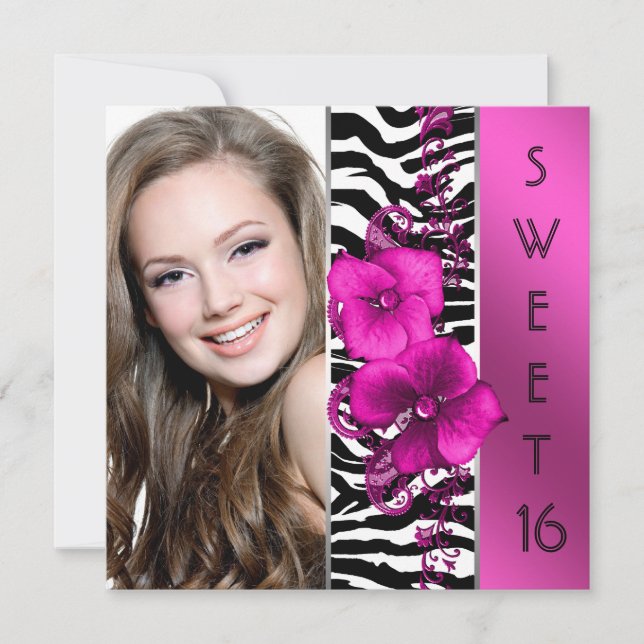 Het roze zebra fotograferar söta 16 födelsedagsfes inbjudningar (Framsida)