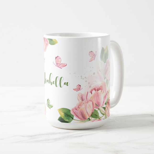 heta rosa blommor grönska fjärilar  kaffemugg (Framsida höger)