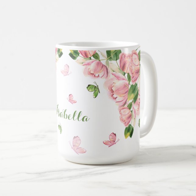 heta rosa blommor grönska fjärilar  kaffemugg (Framsida höger)