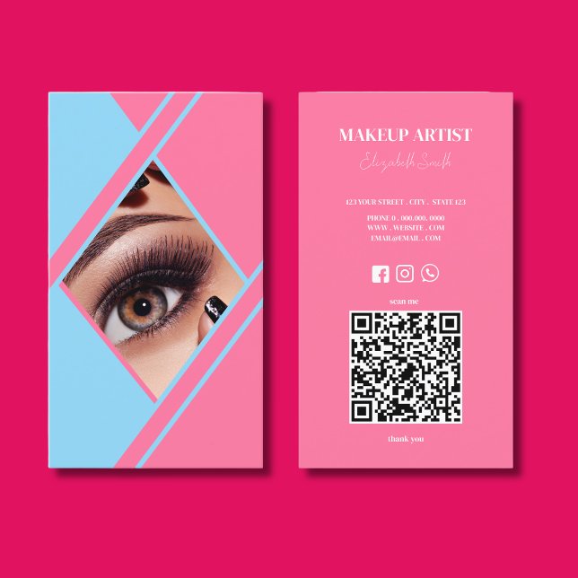 Hetero Rosa & Blå QR-kod foto Sminkartist Visitkort (Skapare uppladdad)