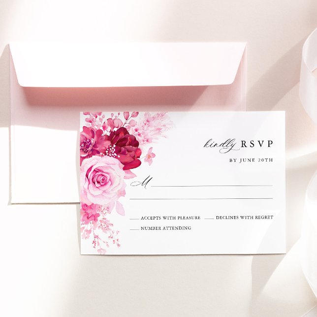 Hetero Rosa Blommig Bröllop OSA Kort (Hot Pink Floral Wedding RSVP Card, Fuchsia Rose Elegant Garden Wedding Response Card)