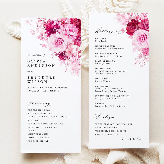 Hetero Rosa Blommig Bröllopsceremoni Program (Hot Pink Floral Wedding Program, Elegant Garden Ceremony Program Wedding Party Order of Service Card)