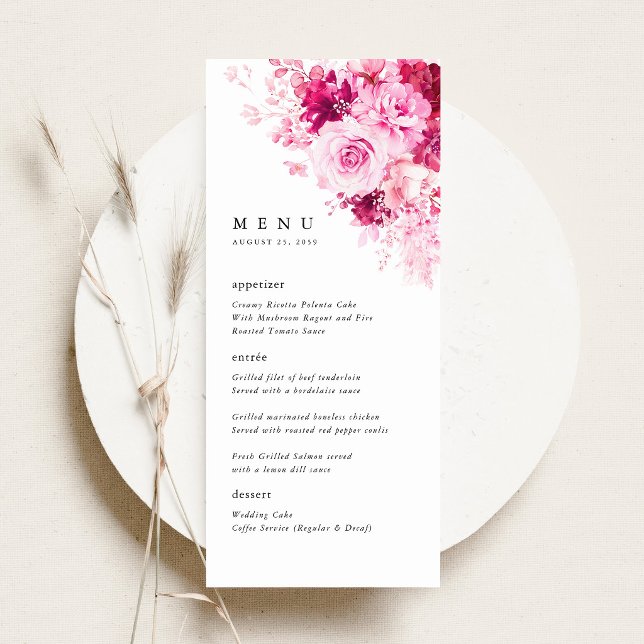 Hetero Rosa Blommig Bröllopsmottagning Middagsmeny Meny (Hot Pink Floral Wedding Menu Card, Pink Rose Peony Reception Menu, Elegant Garden Wedding Decor)