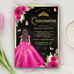 Hetero Rosa Blommig Fjäril Svart Guld Quinceanera Inbjudningar