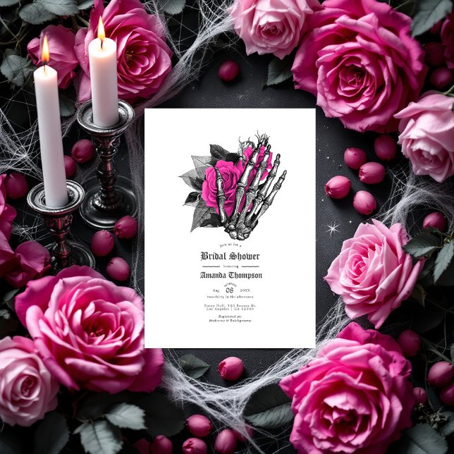Hetero Rosa Blommig Gotisk Bröllopsdusch Inbjudningar (Hot-Pink Floral Gothic Bridal Shower Invitation)