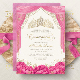 Hetero Rosa Blommig Tiara Girly Quinceanera Inbjudningar