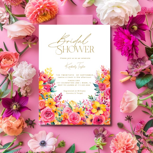 Hetero Rosa Blommor Ljus Blommor Bröllopsdusch Inbjudningar (Hot Pink Floral Bright Flowers Bridal Shower Invitation)