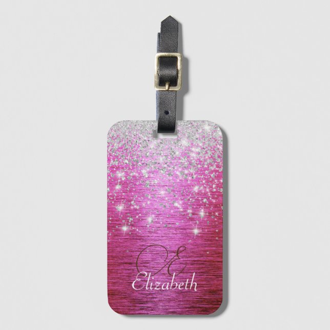 Hetero rosa borstat metall silver glitter monogram bagagebricka (Framsida vertikal)