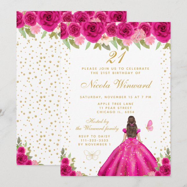 Hetero Rosa Brunett Hår Prinsessa Födelsedagsfest Inbjudningar (Fram/baksida)