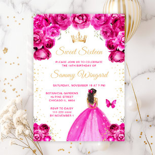 Hetero Rosa Brunett Hår Prinsessa Sweet Sixteen Inbjudningar