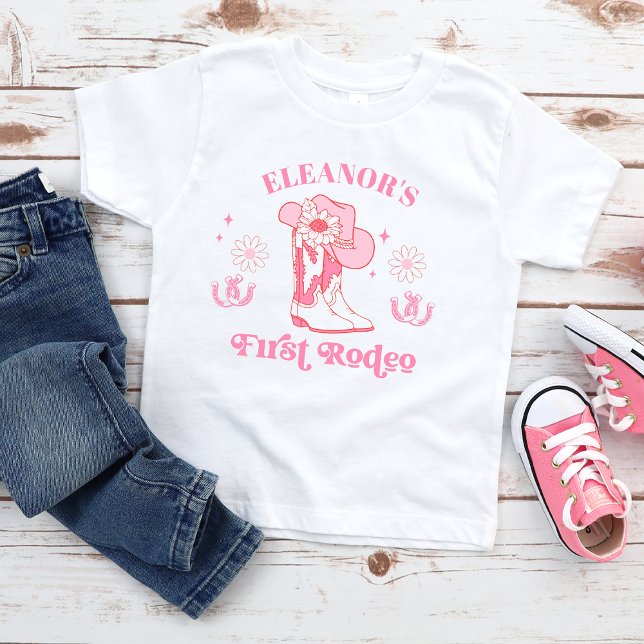 Hetero rosa flickors första Rodeo 1-års födelsedag T Shirt (Girls Hot Pink First Rodeo 1st Birthday T-shirt, Cowgirl Boots, Western First Birthday T-shirt, )