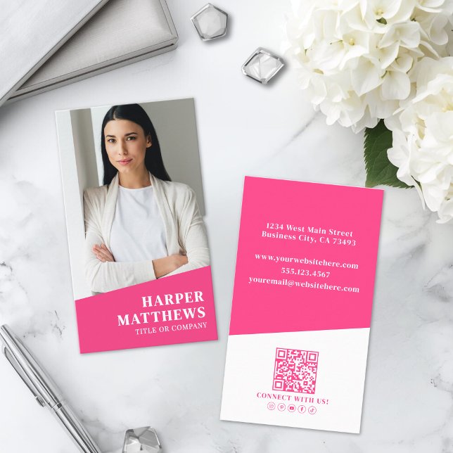 Hetero Rosa Foto QR-kod Vertikal Visitkort (Pink Photo QR Code Vertical Business Card )