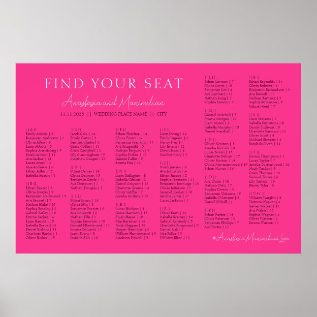 Hetero rosa fuchsia bröllopsalfabetisk sittordning poster (Framsidan)