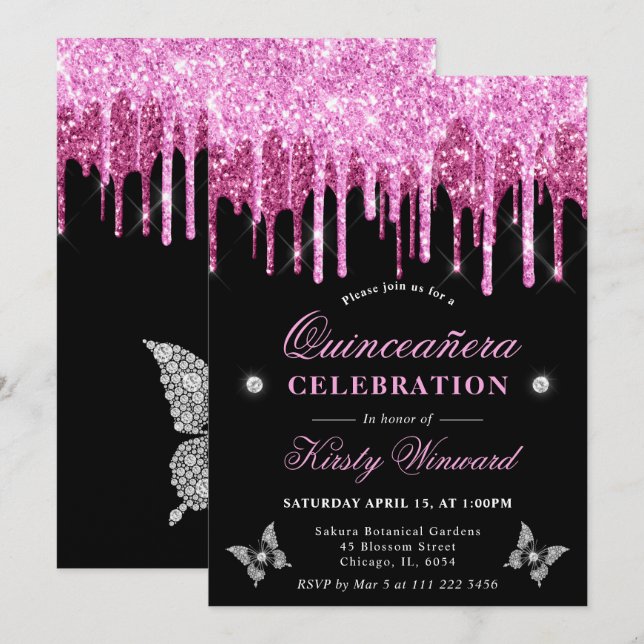 Hetero rosa glitter Quinceanera Inbjudningar (Fram/baksida)