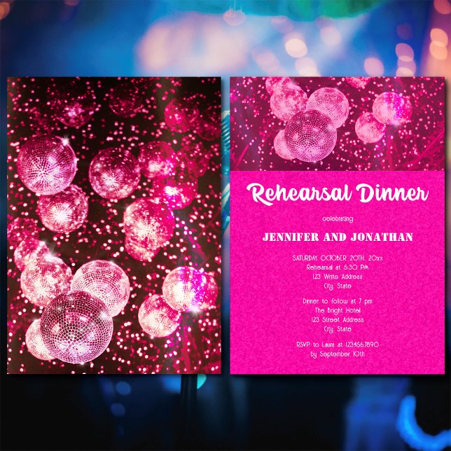 Hetero Rosa Glitter Retro Diskoteksspegel Övningsm Inbjudningar (Front and Back)