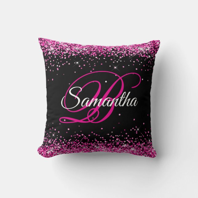 Hetero rosa glitter svart fancy monogram kudde (Framsida)