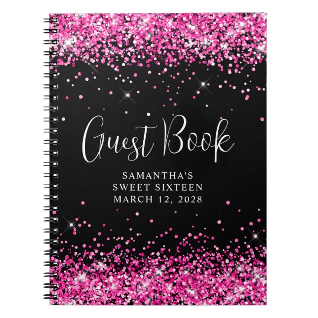 Hetero rosa glitter svart Sweet 16 gäst Anteckningsbok (Framsidan)