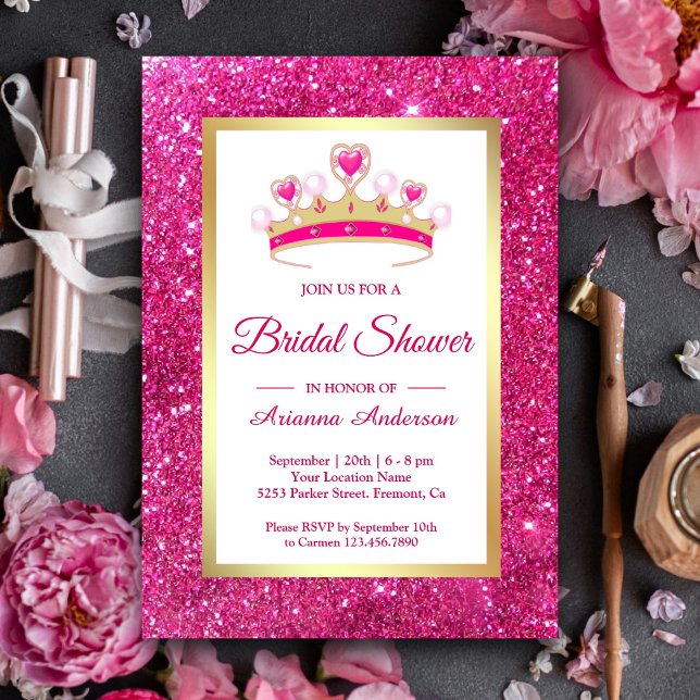 Hetero rosa glittertiara bröllopsdusch prinsessa inbjudningar (Skapare uppladdad)
