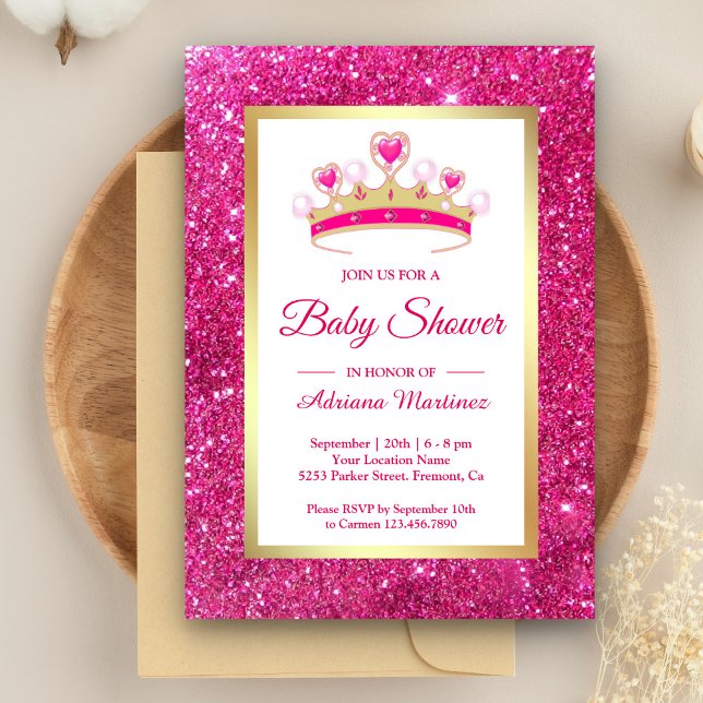 Hetero Rosa Glittertiara Prinsessa Bebis Shower Inbjudningar (Skapare uppladdad)