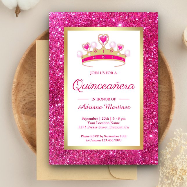 Hetero rosa glittertiara prinsessa Quinceanera Inbjudningar (Skapare uppladdad)