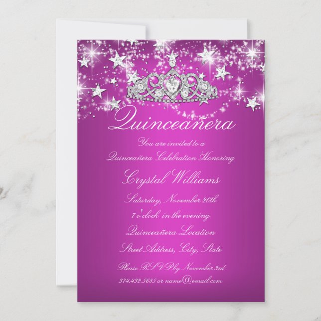 Hetero Rosa Glittrande Tiara Stjärnor Quinceanera Inbjudningar (Framsida)