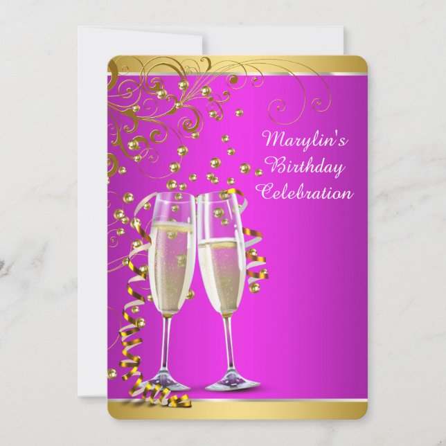 Hetero rosa guld champagnete födelsedagsfest inbjudningar (Framsida)