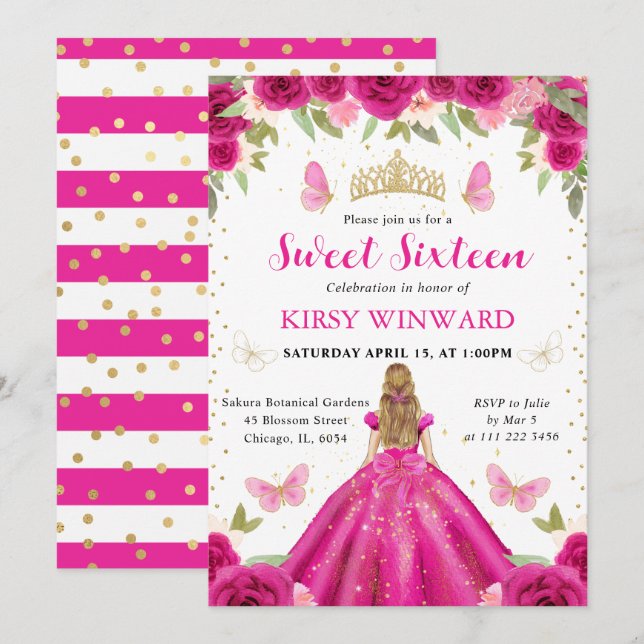 Hetero Rosa Klänning Blond Prinsessa Sweet 16 Inbjudningar (Fram/baksida)