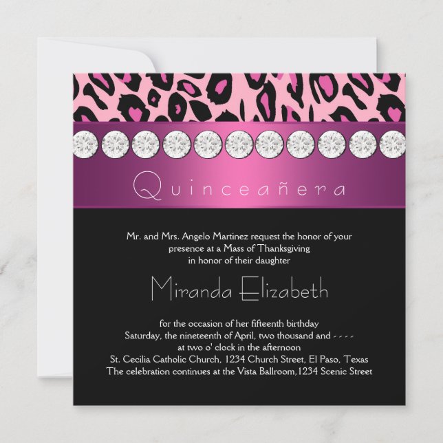 Hetero rosa leopard Quinceanera Inbjudningar (Framsida)