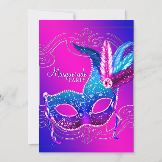 Hetero rosa lila maskeradfest inbjudningar (Framsida)