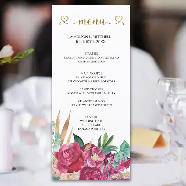 Hetero Rosa Magenta Blommig Elegant Guld Script Hj Meny (Skapare uppladdad)